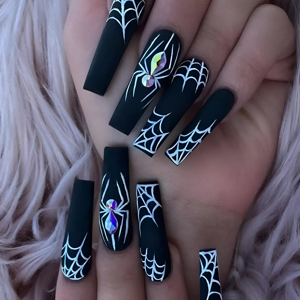 Dark Spider Halloween nail tips 24 pieces with glue, sweet cool long wearable design cartoon pattern