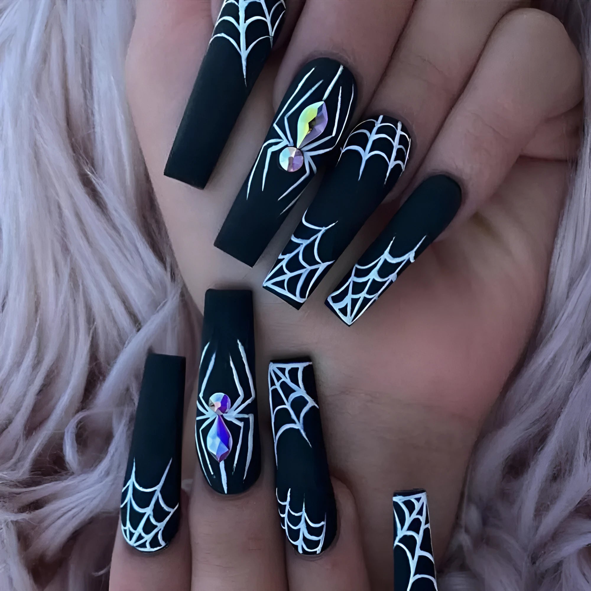 Dark Spider Halloween nail tips 24 pieces with glue, sweet cool long wearable design cartoon pattern