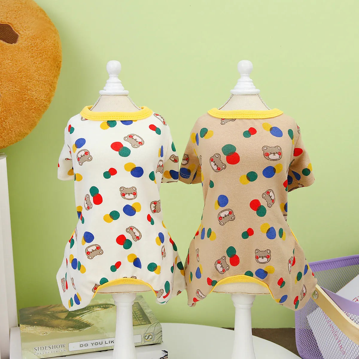 Beige dog clothing with colourful ball bear print, cotton spandex casual pet clothes