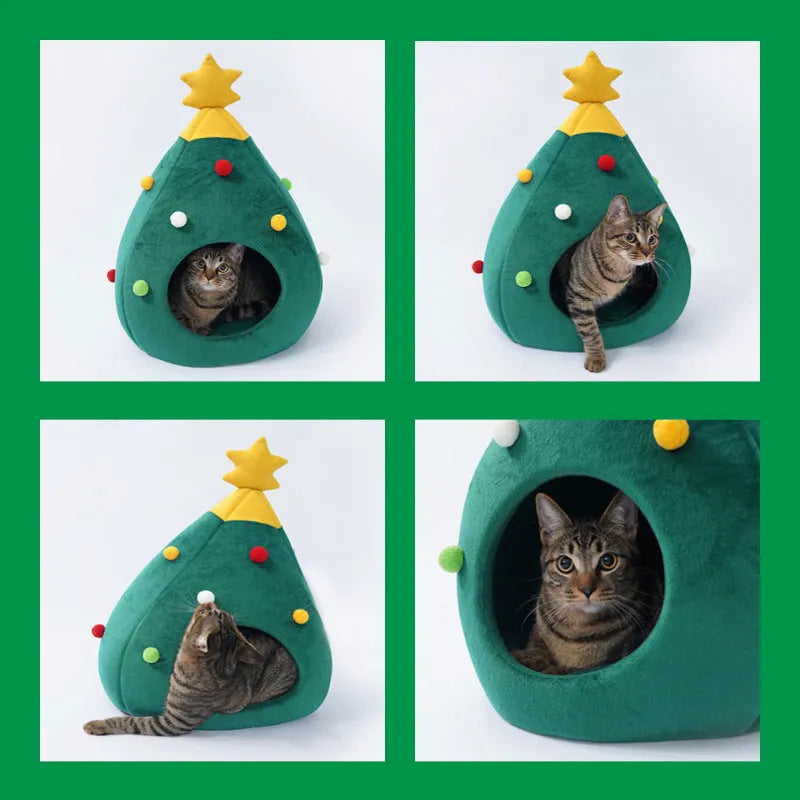 Red Christmas tree-shaped plush cave bed for cats and small dogs on a white background.