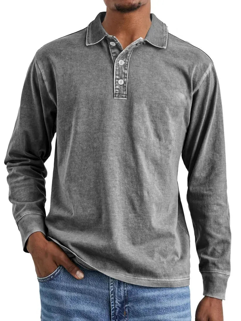 Men's long-sleeve distressed cotton polo shirt with a lapel collar in army green.