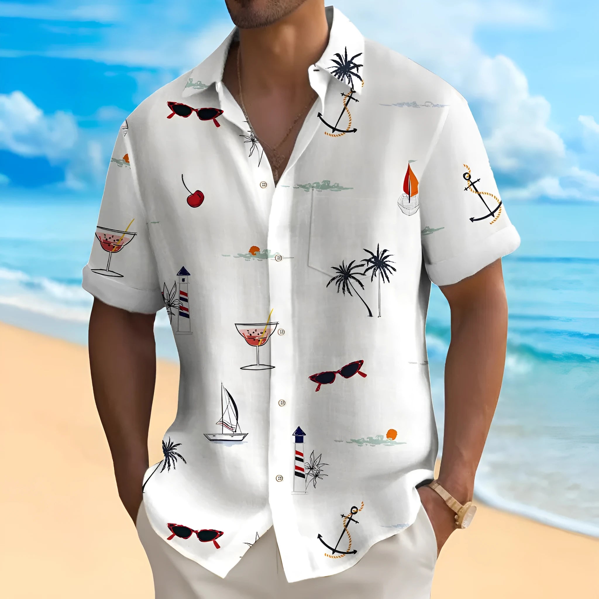 Men's loose-fit digital print Hawaiian shirt in polyester on a hanger.