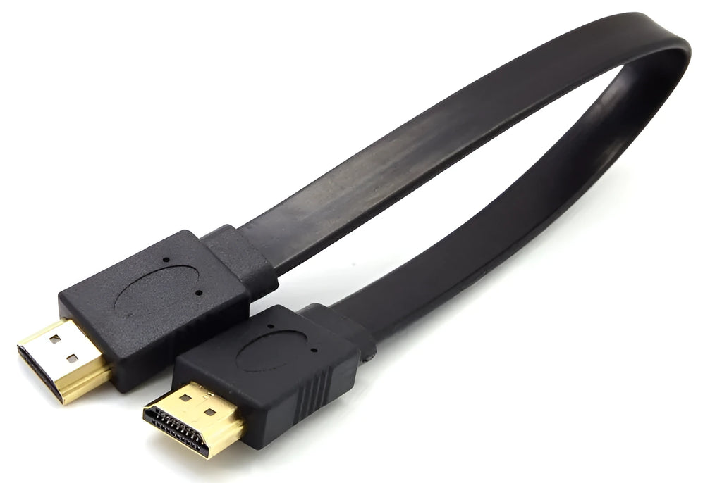 Flat HDMI 1.4 cable with gold connectors showing length options from 30cm to 10 metres