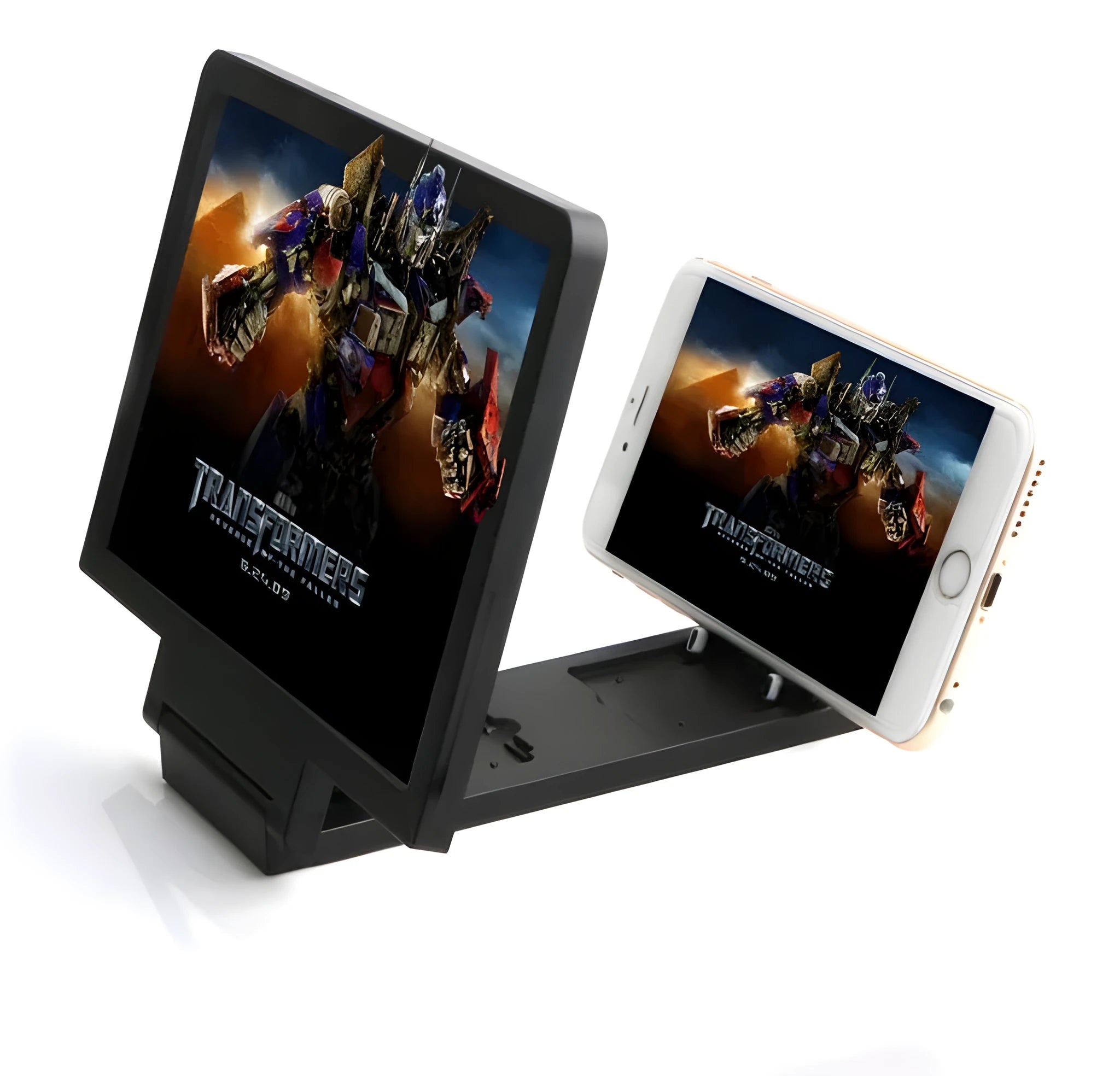 Black and white adjustable mobile phone stand with anti-radiation 3D screen amplifier on a desk.
