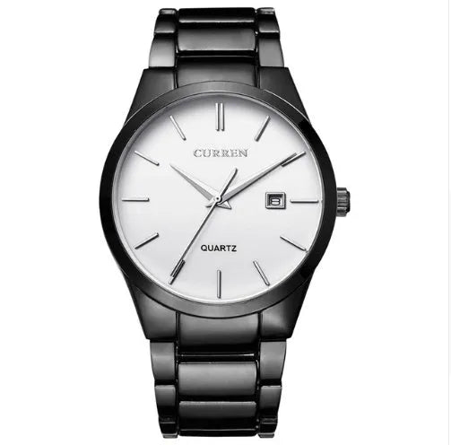 Men's analog quartz wristwatch with date display, 40mm dial, Hardlex crystal, black dial with silver bezel