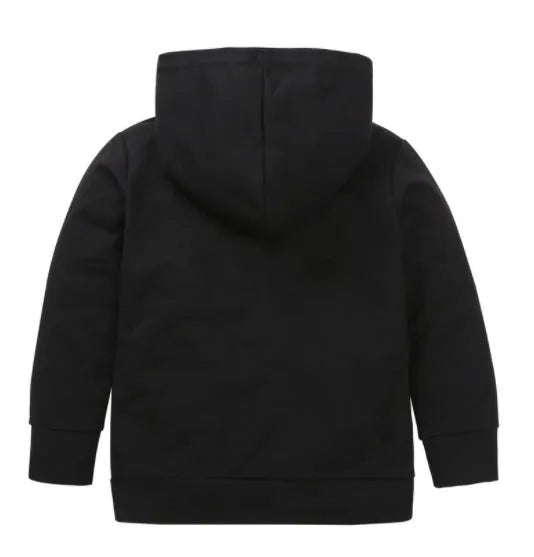 Children's black hooded sweater with white letter print design, showing pullover style and long sleeves