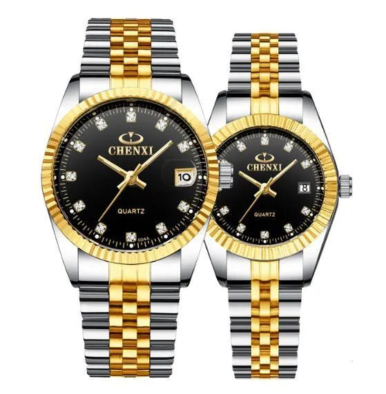 Gold men's quartz wristwatch with stainless steel strap and mineral glass display on a white surface