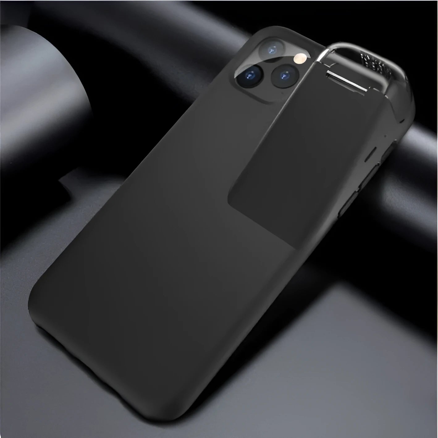 Black matte acrylic and silicone 2-in-1 case cover for AirPods charging case and compatible iPhone.