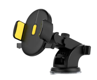 Car phone holder with black suction cup and telescopic arm on car dashboard