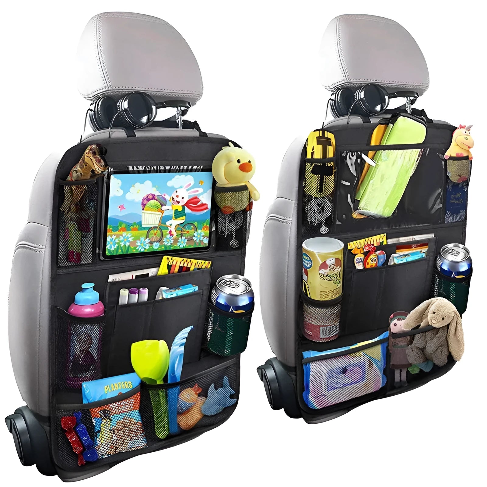 Black Oxford fabric car seat back pocket storage bag measuring 61x41cm
