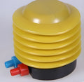 Blue and red valve pedal pump for swim ring inflation measuring 4 inches in diameter