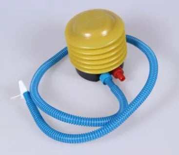 Blue and red valve pedal pump for swim ring inflation measuring 4 inches in diameter