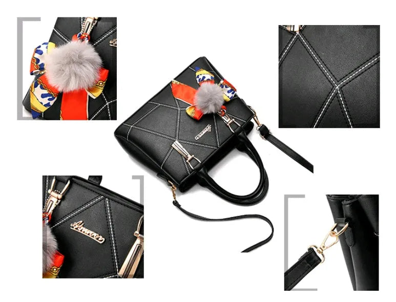 Ladies PU messenger bag with embroidery detail and soft handle in cross-section square shape
