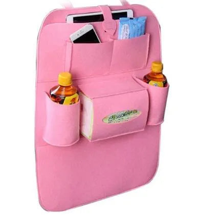 Multi-purpose auto seat organizer bag in wool felt, 33cm x 14cm x 5.5cm, black colour, on car seat back