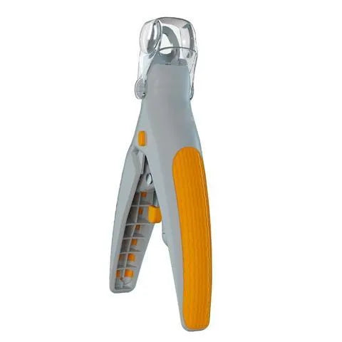Yellow and grey pet nail clipper with LED light and magnifying glass, 14 cm long