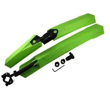 Quick-release plastic bicycle fenders in black, blue, green, and red colour options.