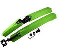 Quick-release plastic bicycle fenders in black, blue, green, and red colour options.