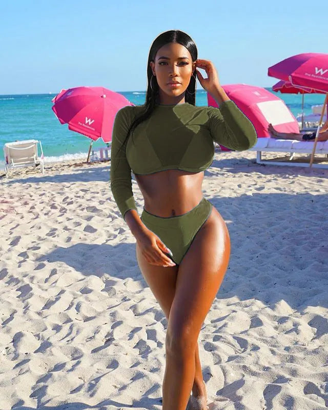 Women's orange solid high waist see-through bikini set with wire-free top and removable pads
