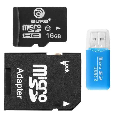 Compact white Mini USB TF card reader with separate SD card adapter for 16GB MicroSD memory cards.