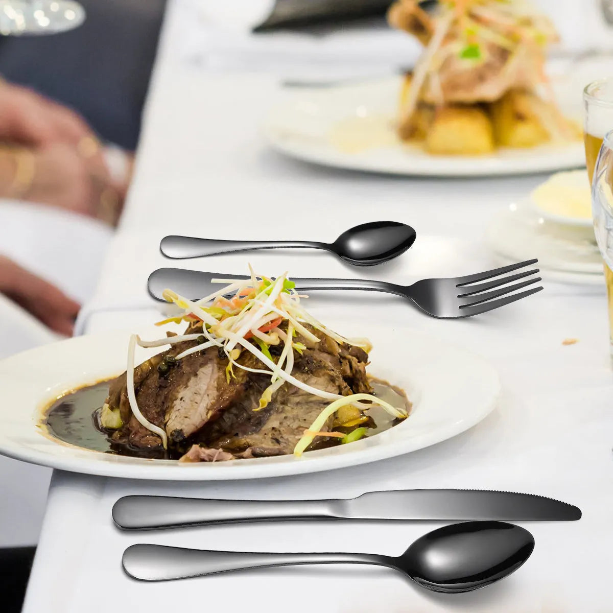 24 piece 18/10 stainless steel cutlery set with knife fork and spoon in black finish