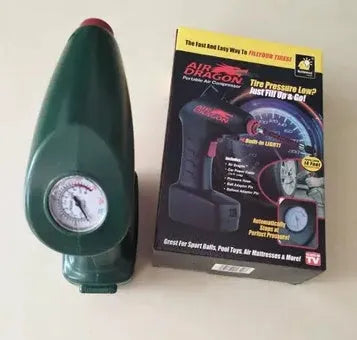 Portable 12V electric car tyre inflator with power cable and hose for emergency use.