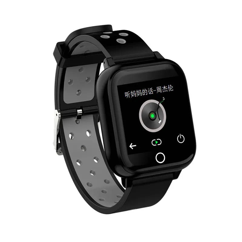 Black smartwatch bracelet with integrated Bluetooth earbuds stored in the side, showing 1.4-inch display
