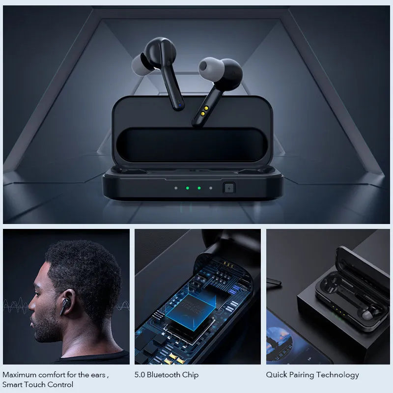 Black and white true wireless Bluetooth earbuds with IPX5 waterproof rating.