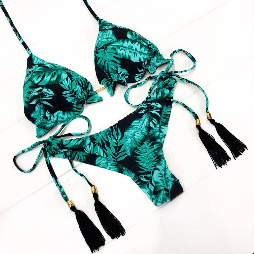 Women's green nylon split swimsuit with chest pad for beach swimming