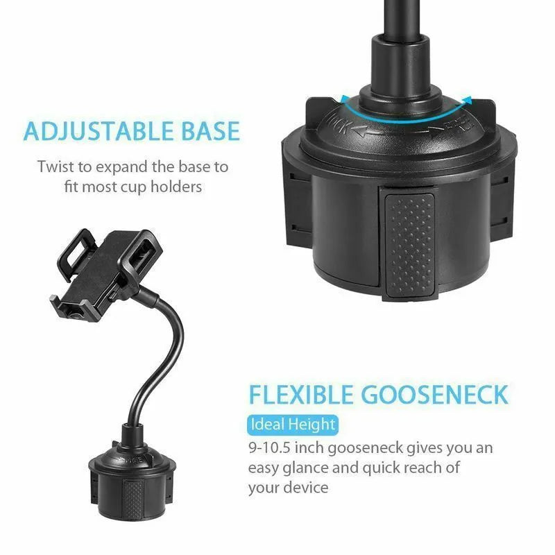 Black universal adjustable car phone mount bracket shown with suction cup and vent clip attachment options.