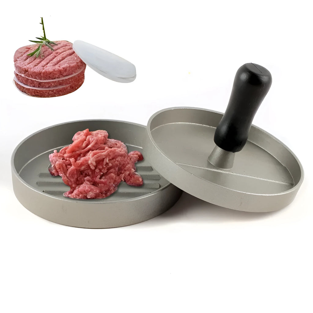 Single aluminium die cast burger press with base and handled plate, 12x12x9 cm size