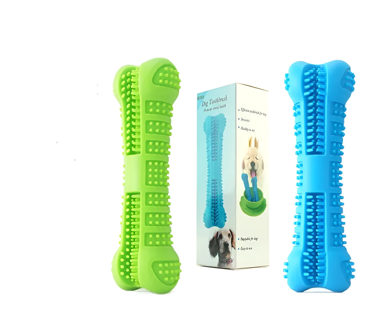 Bone-shaped silicone dog molar stick toothbrush in blue with bristles on all sides
