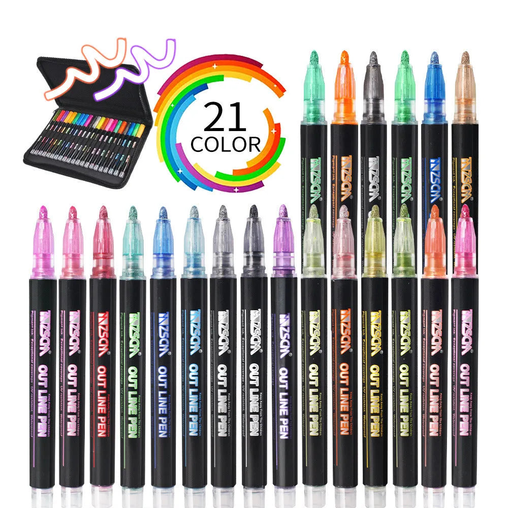 Double line pen with 21 colour refill set plastic shell water-based ink 1mm-2mm line width for hand account drawing