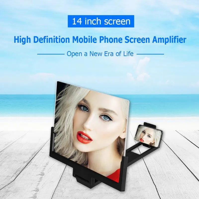 Mobile phone stand magnifier with black frame and clear acrylic screen showing magnification effect