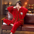Winter women's flannel homewear leisure set in red Christmas print with top and pants