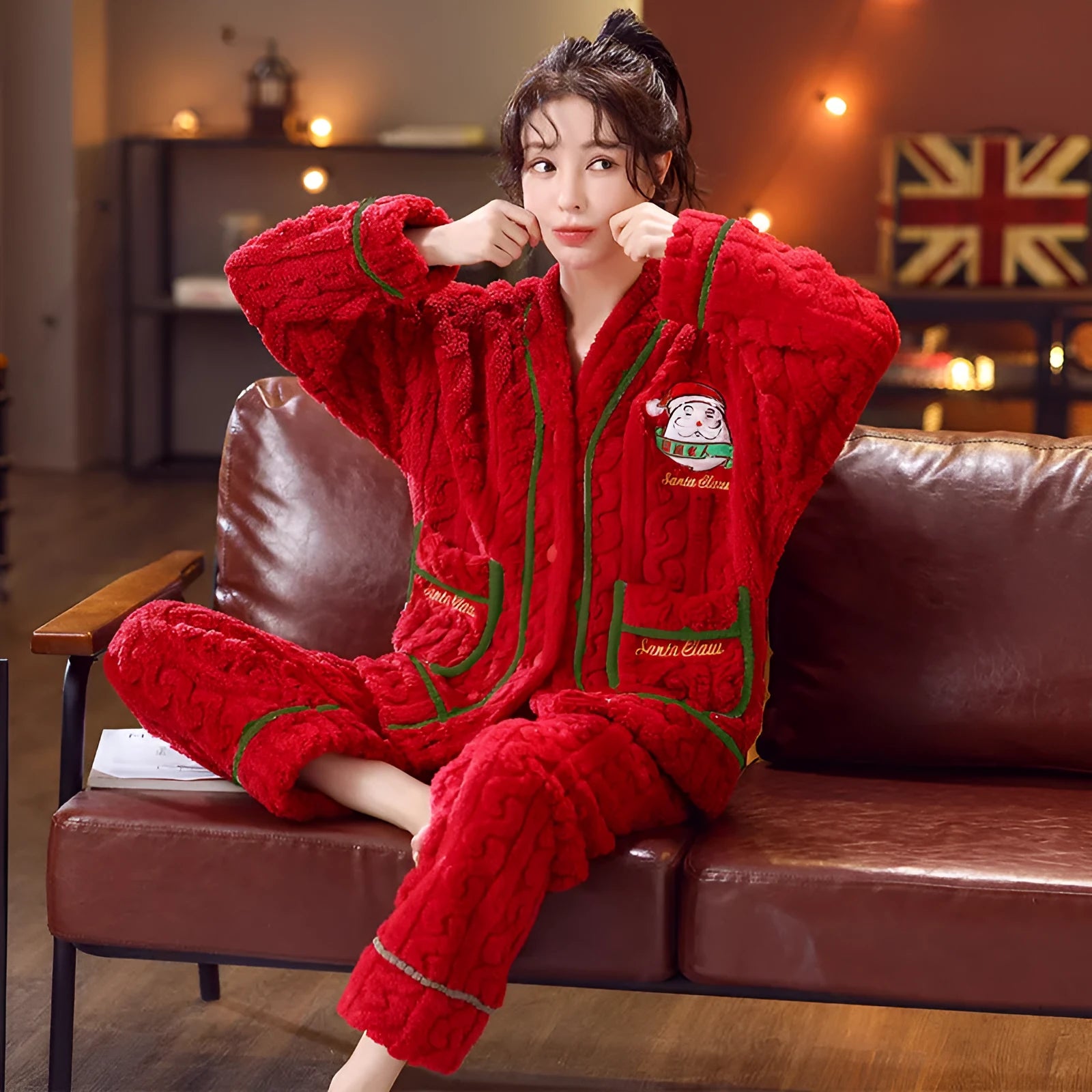 Winter women's flannel homewear leisure set in red Christmas print with top and pants