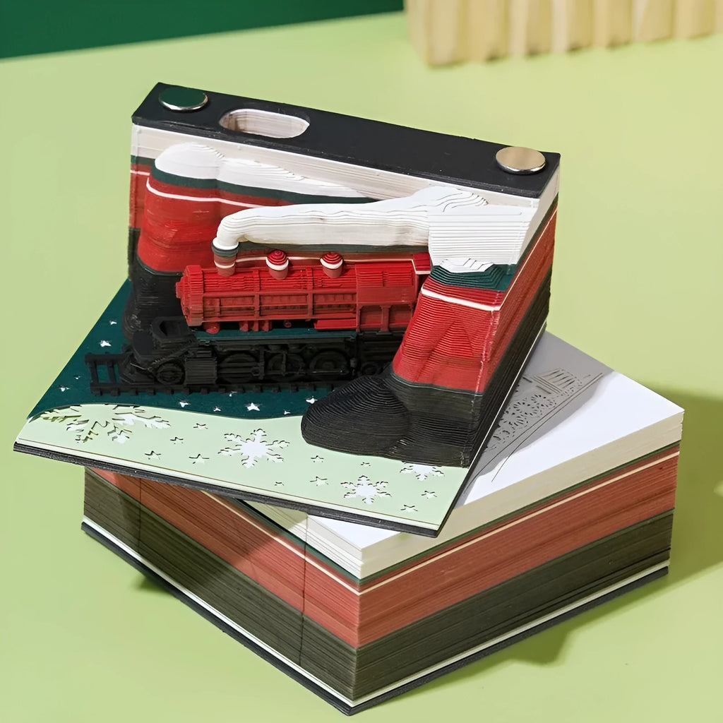 3D paper carving sticky notes pad with Christmas train cover design showing raised decorative elements