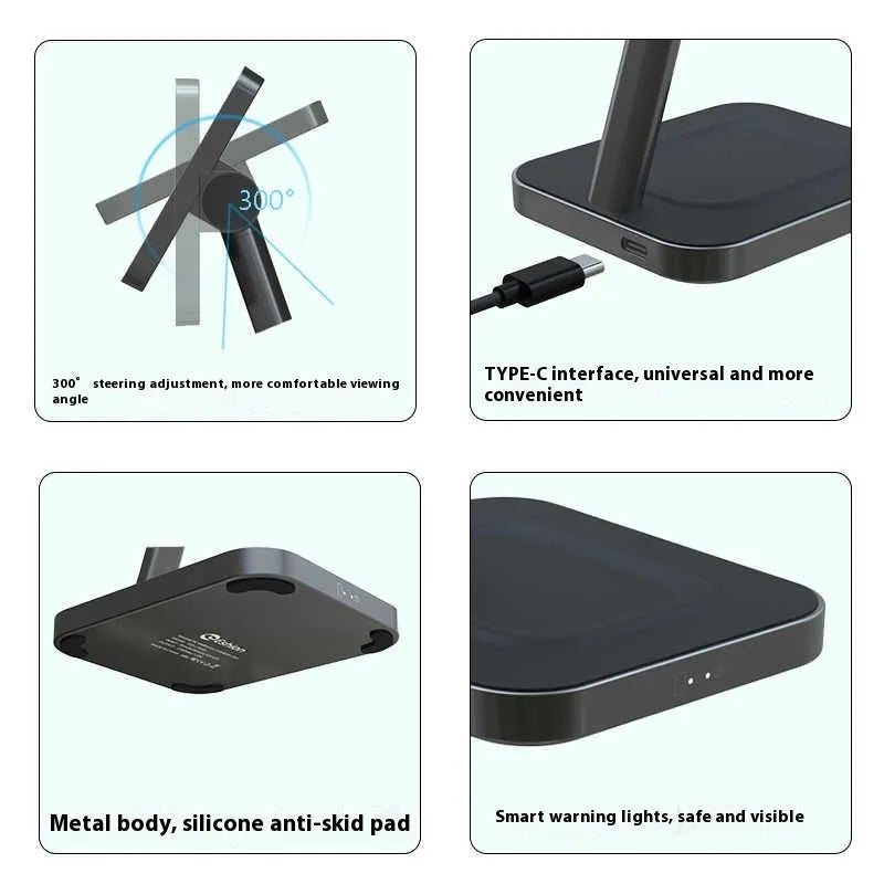 Desktop three-in-one magnetic 15W wireless charger bracket with Type-C interface for phone charging