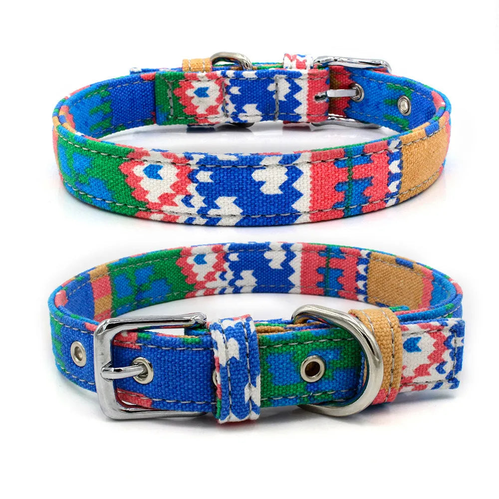 Double layer reflective canvas dog collar with metal D-ring, available in multiple sizes and colours
