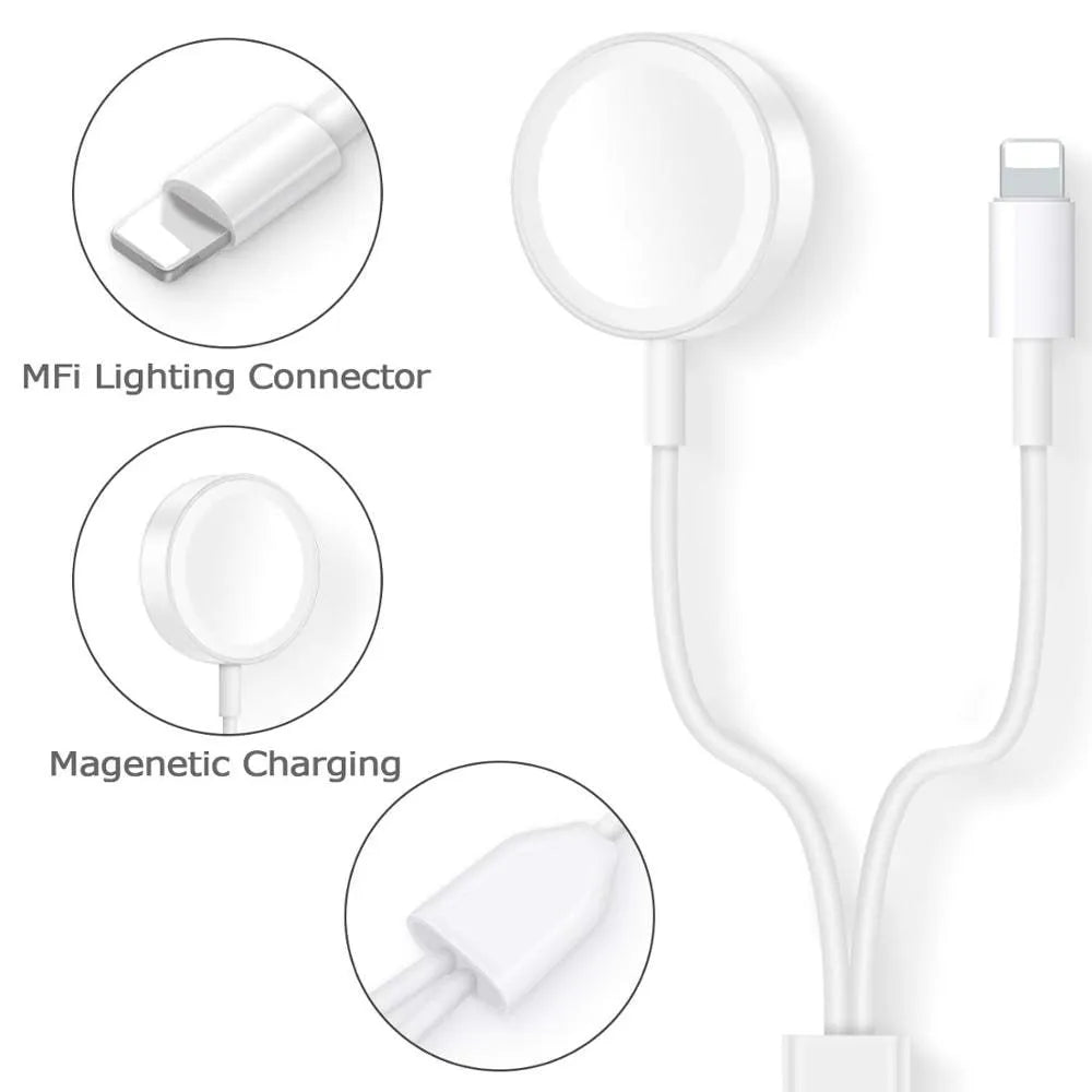 White two-in-one wireless charging pad for smartwatches and fitness trackers with USB cable.