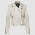 Women's PU leather motorcycle jacket with belt, lapel collar, regular fit, black colour