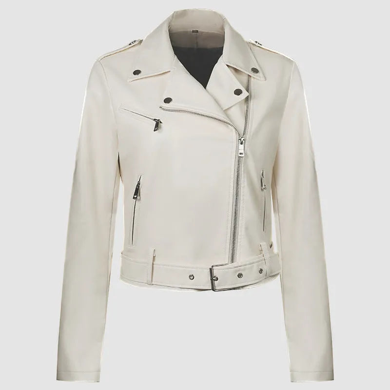 Women's PU leather motorcycle jacket with belt, lapel collar, regular fit, black colour
