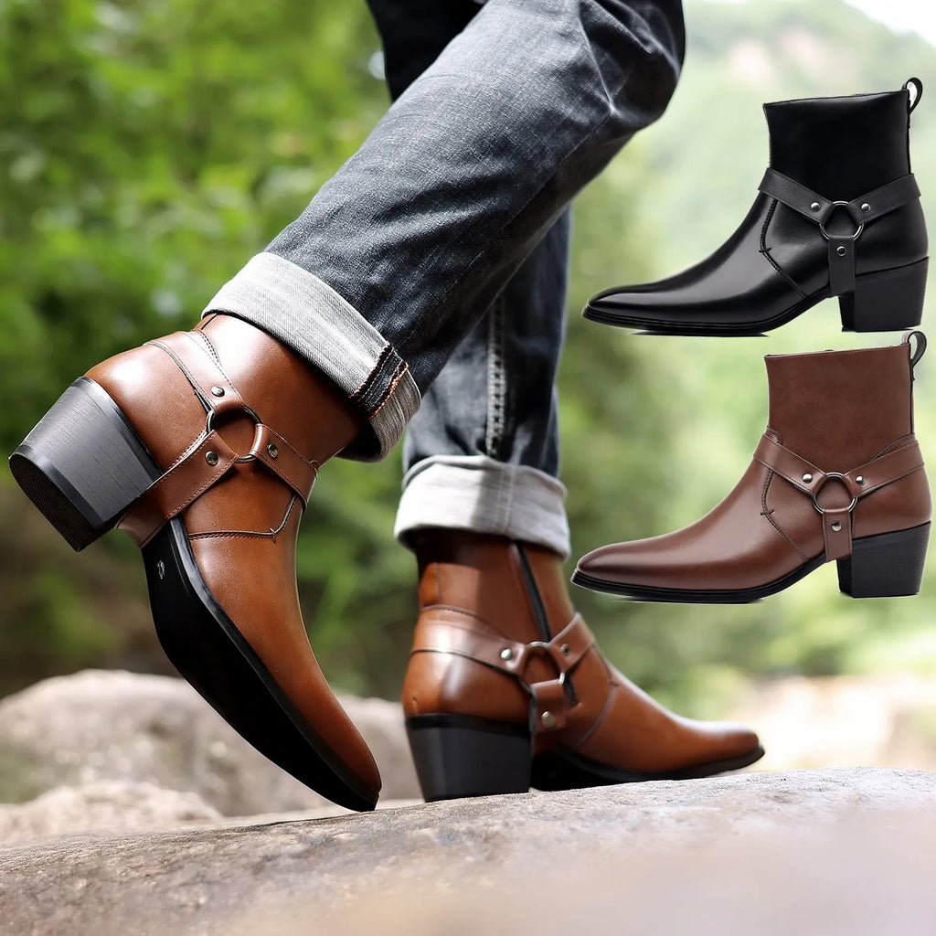 Black chain ankle boots with side zipper, square toe, and rivet details on a frosted artificial PU upper.