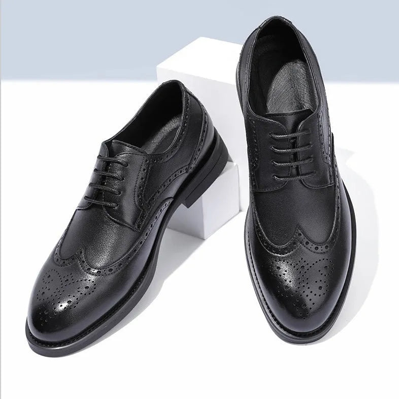 Men's black and brown brogue shoes with business styling and PU leather upper