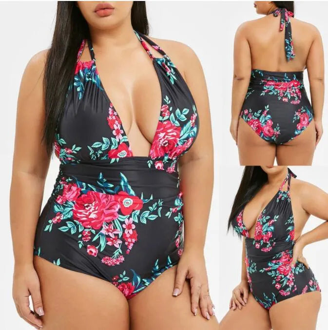 Printed black one-piece swimsuit made from polyester fibre, full coverage design, available in sizes XL to 5XL