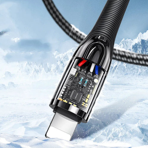 Black braided Lightning cable with intelligent power-off feature for iPhone 12 charging