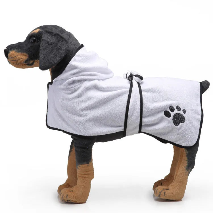 Strong absorbent dog towel pet bathrobe in blue on a dog, showing adjustable belt and Velcro neckline