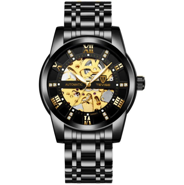 TEVISE T9005A men's automatic mechanical watch with skeleton dial, stainless steel strap, and 41mm round case