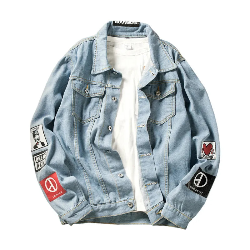 Blue loose-fit denim jacket with lapel collar and multiple pockets