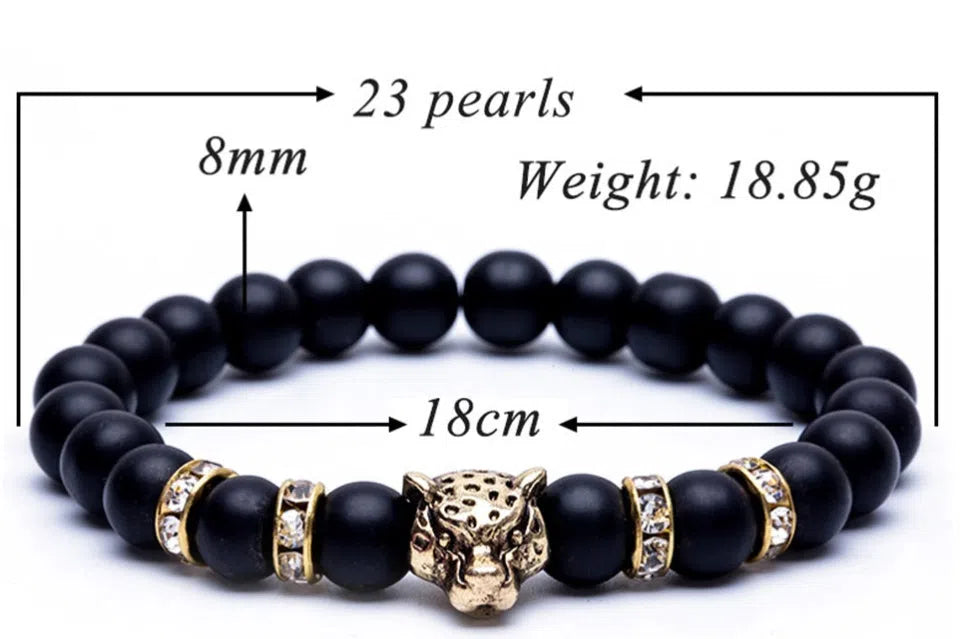 8mm natural stone and lava stone bead bracelet with leopard head pendant for men, 18cm diameter, gold frosted black