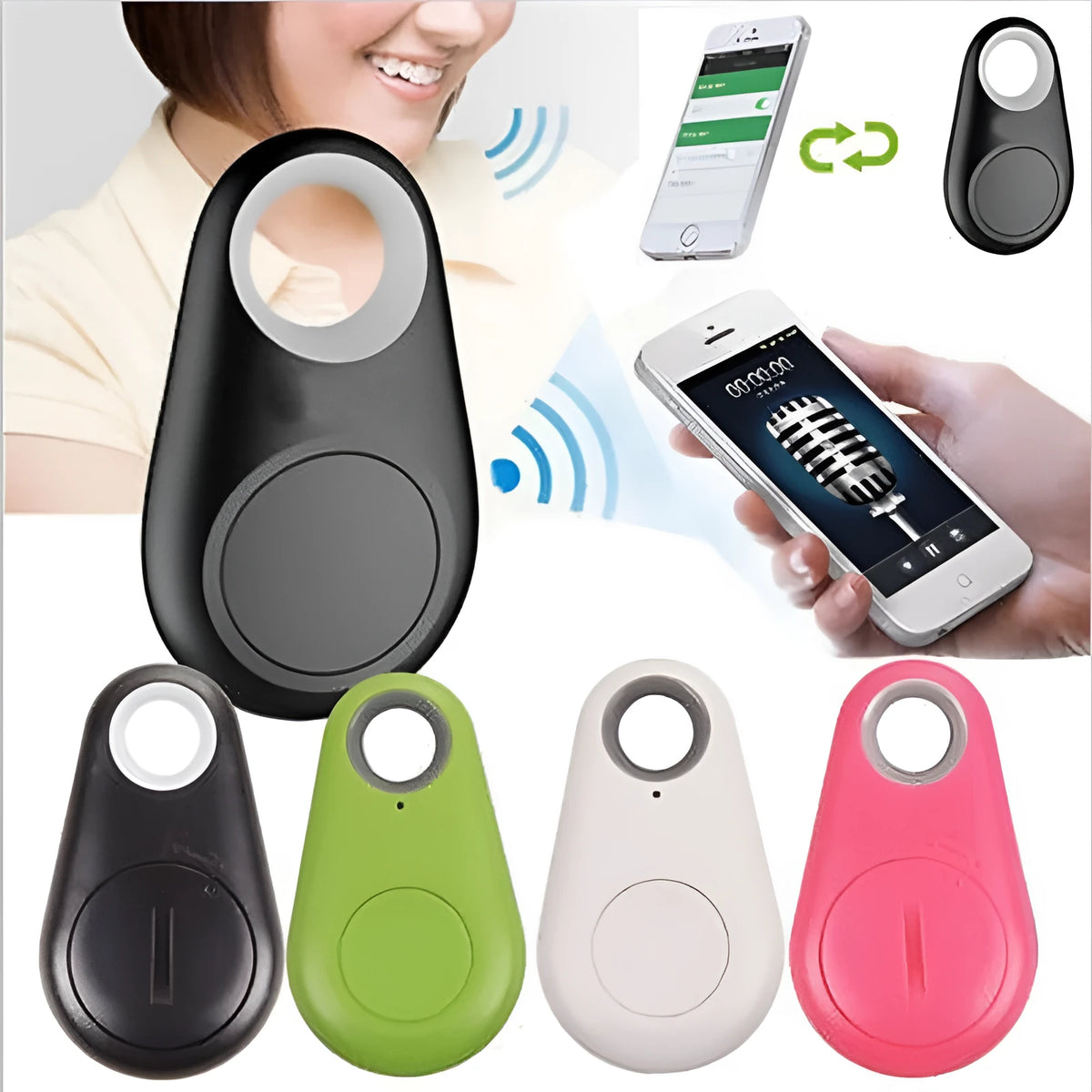Water drop shaped Bluetooth tracker in black against a white background, with dimensions 3.1x5.2x1.2cm